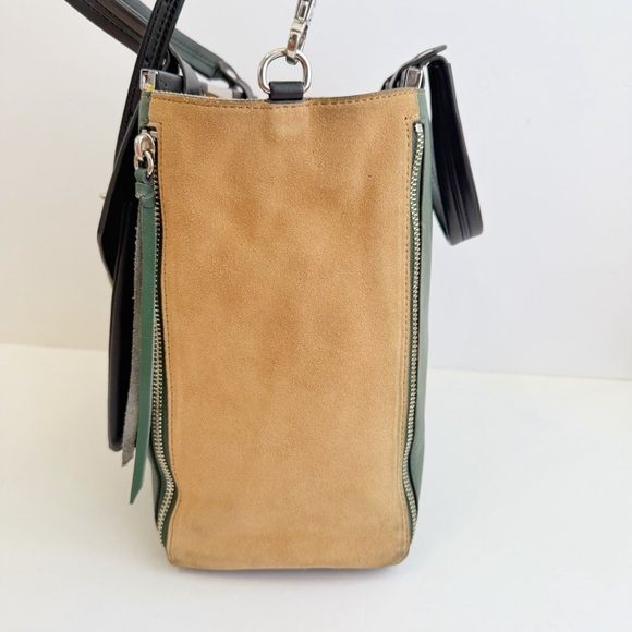 REBECCA MINKOFF BLACK GREEN LEATHER TAN SUEDE FRONT POCKET SIDE ZIPPERS PURSE - Picture 4 of 12